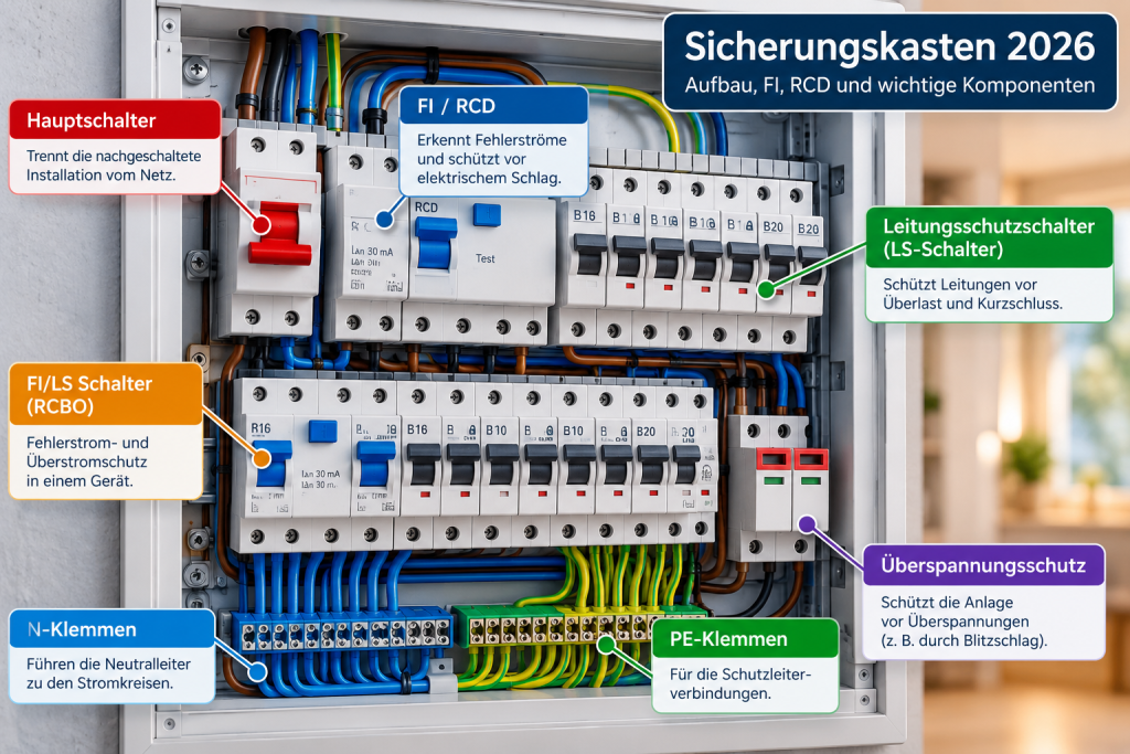 Sicherungskasten 2026: Aufbau, FI und RCD